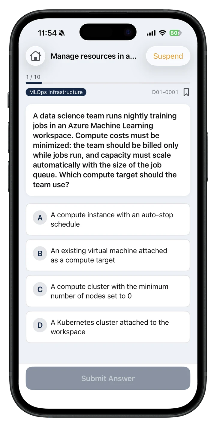 Study screen for AI-300 question collection