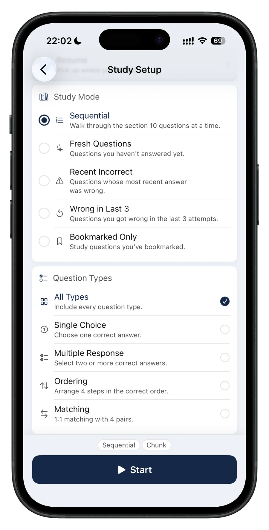 AIP-C01 study-mode and question-format settings in English