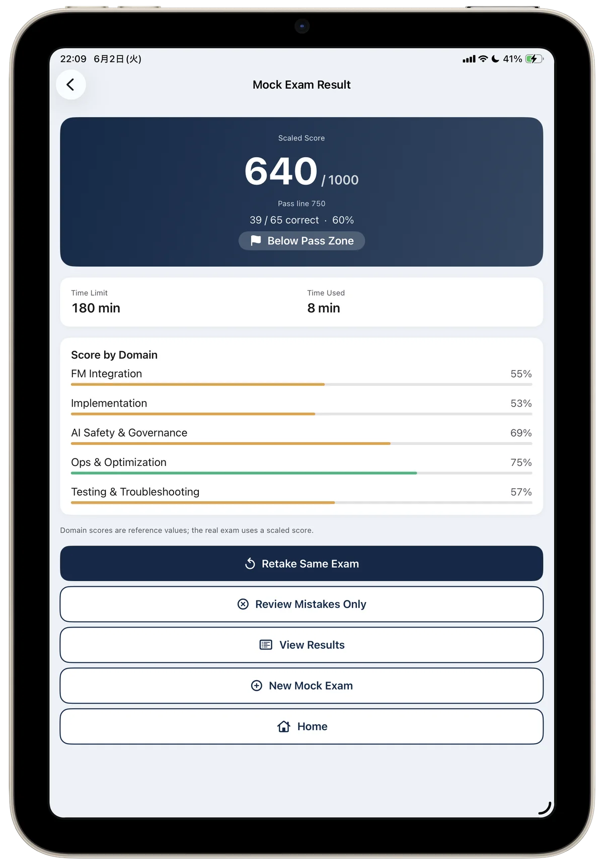 AIP-C01 mock test result screen in English