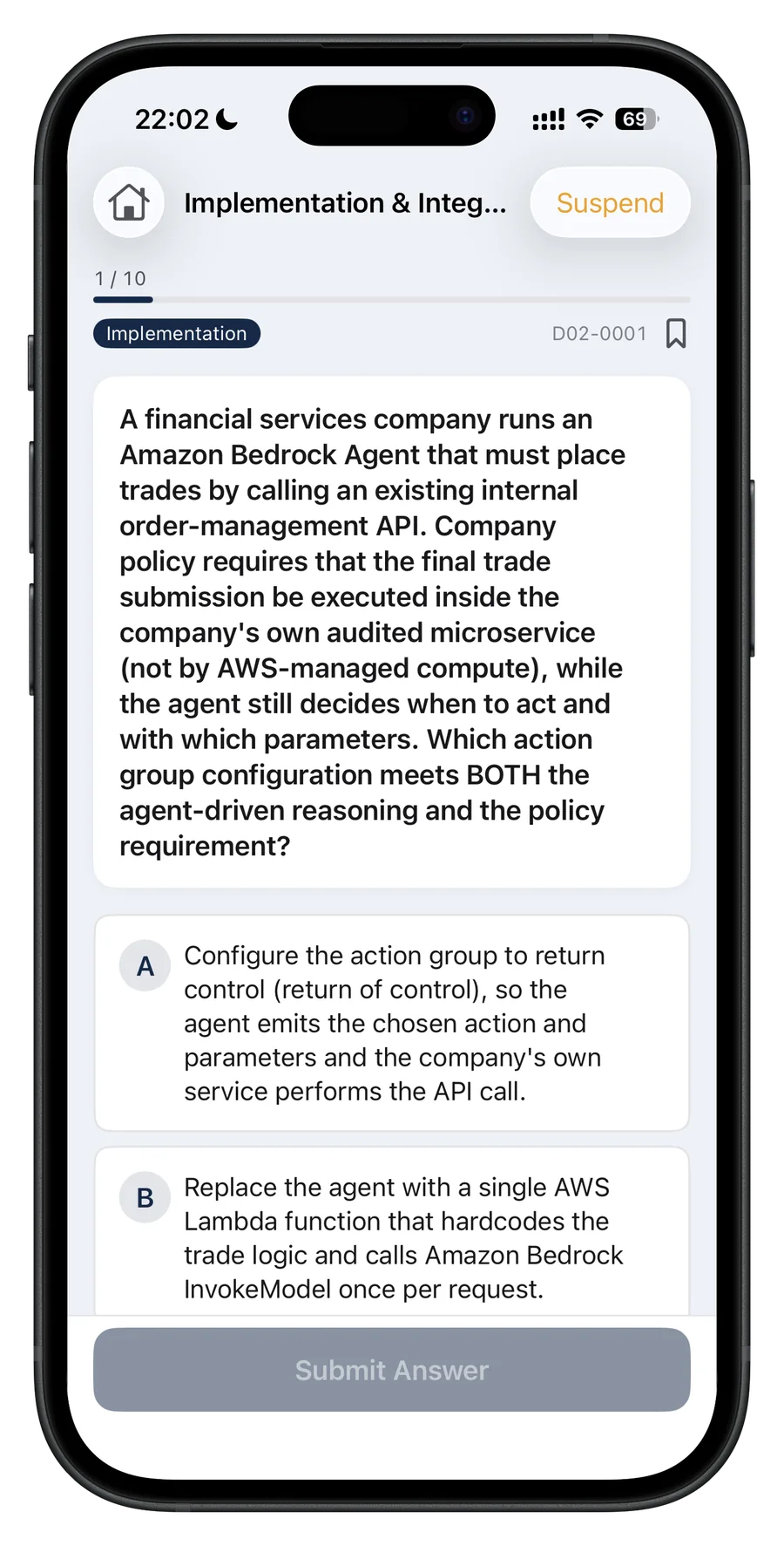 AIP-C01 question screen in English