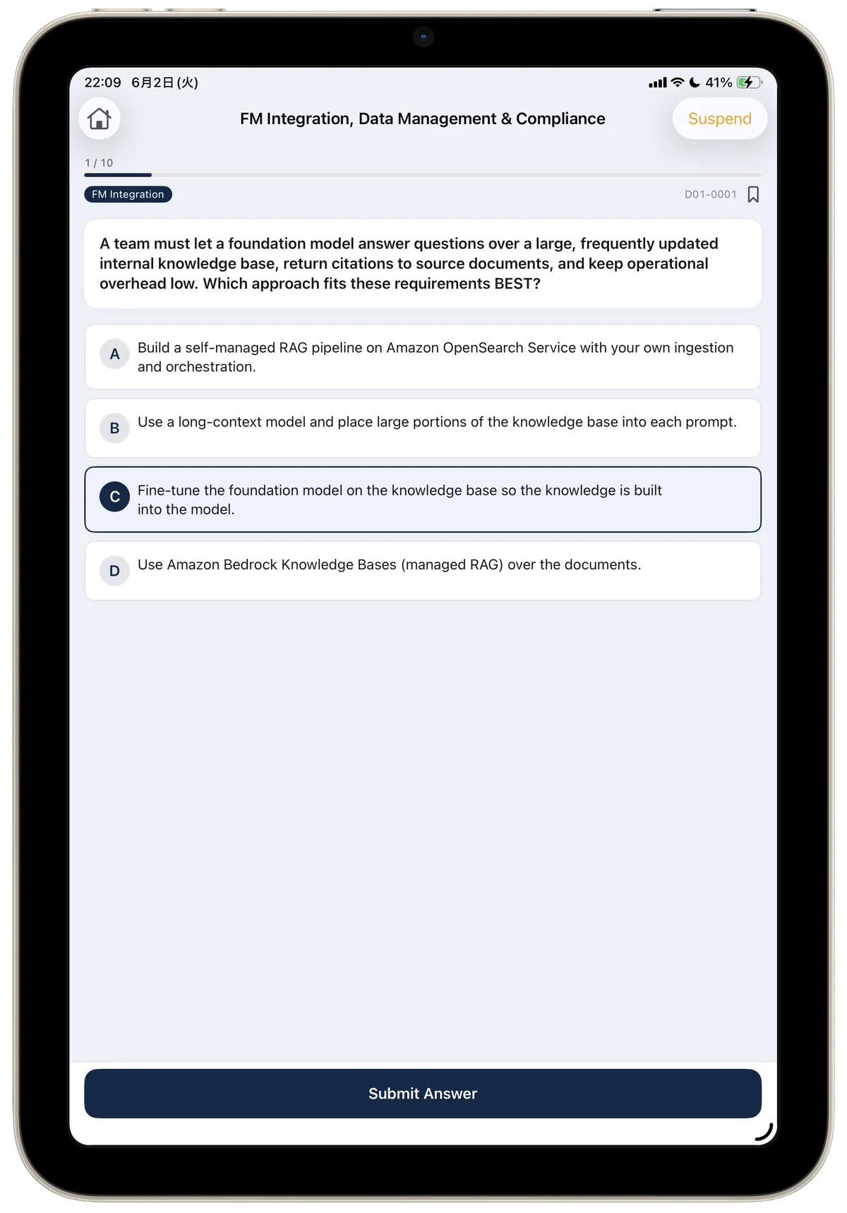 AIP-C01 scenario question screen in English