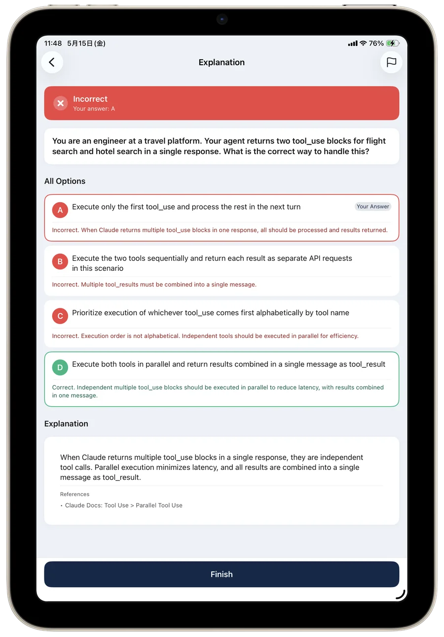 CCAR-F exam-prep screen explaining every answer option