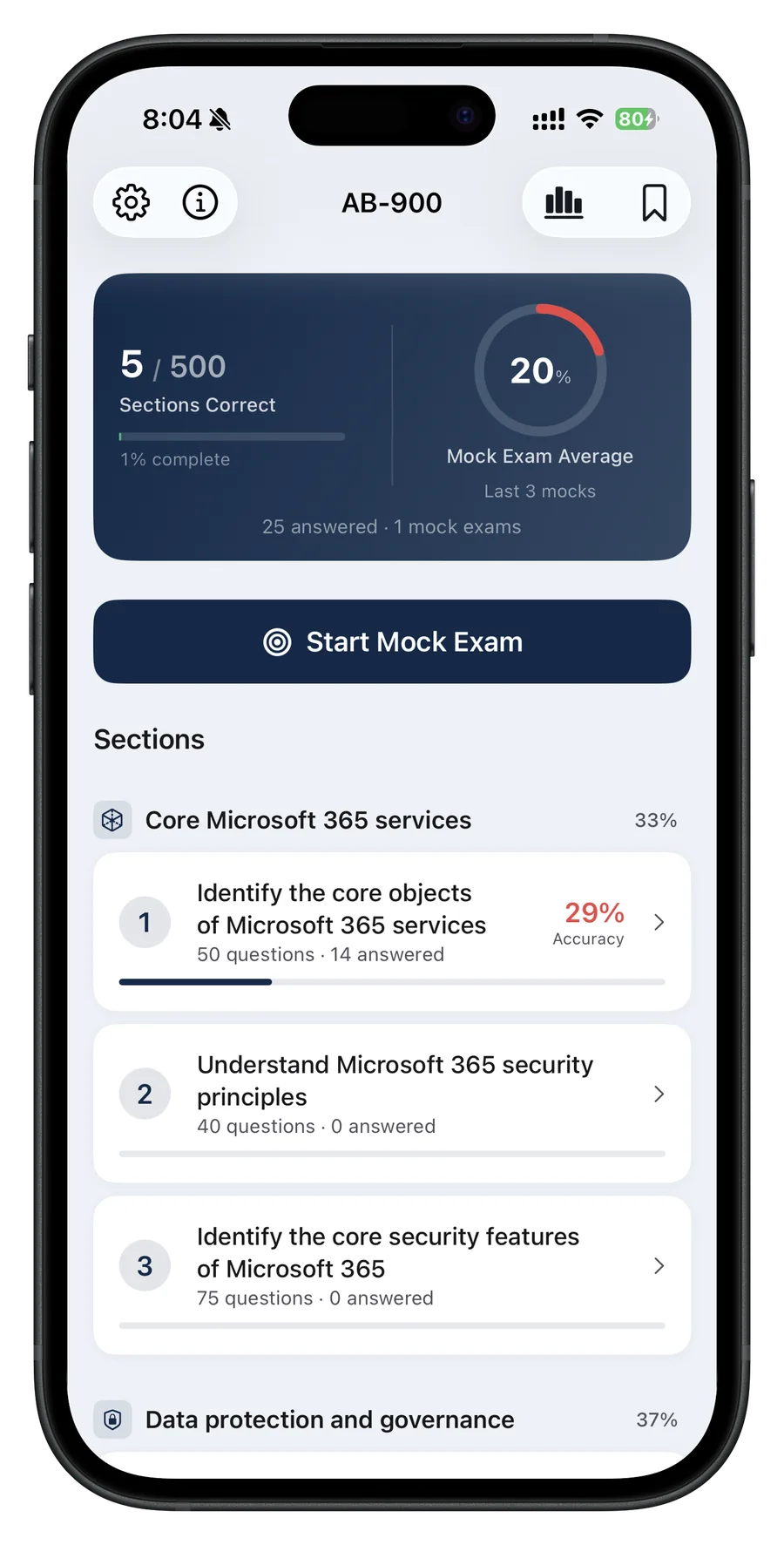 Microsoft certification exam-prep home screen in English